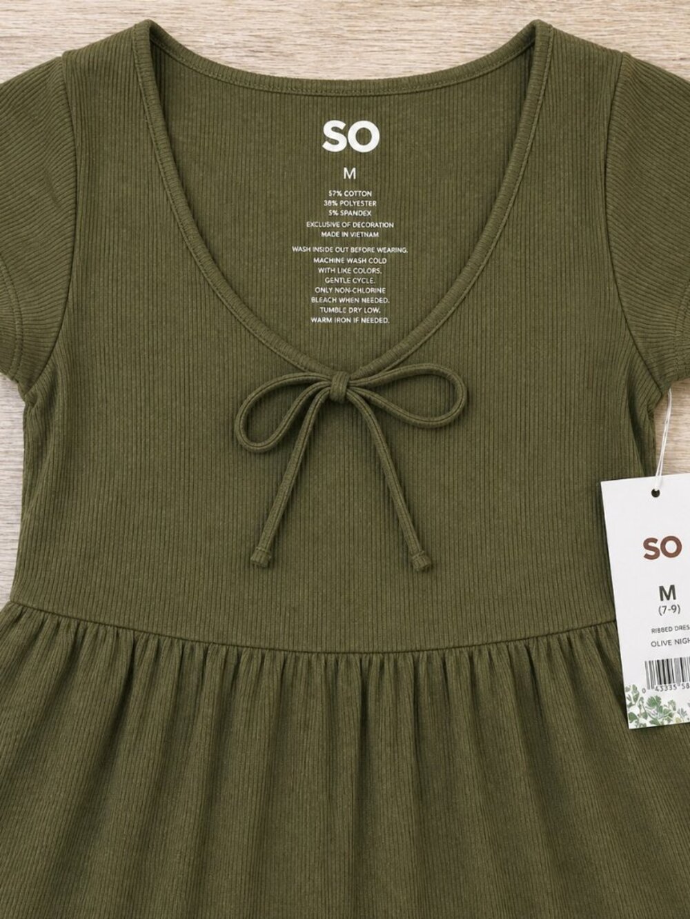 NWT SO Womens Medium Olive Green Tiered Mini Dress Ribbed Tie Front Boho Y2K - Picture 4 of 7